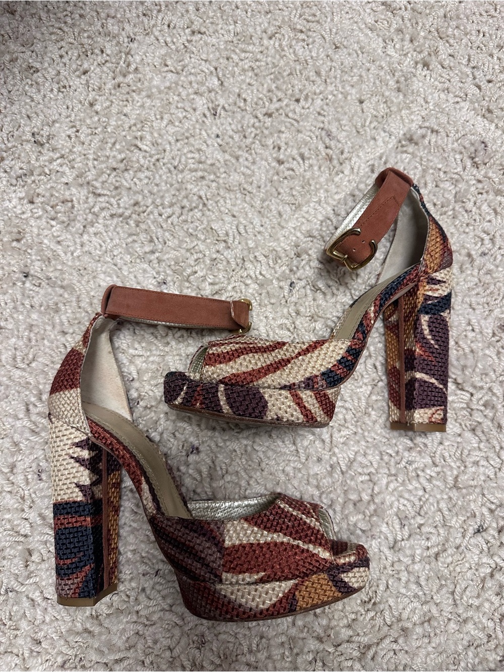 Vintage Maloles Designer Tapestry Platform Heels Ankle Strap Boho Y2K